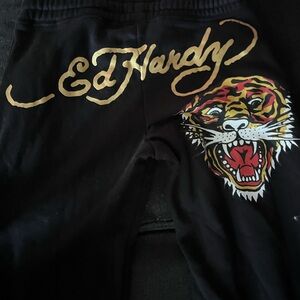 Ed Hardy Black Pants with Gold Logo and Tiger Graphic